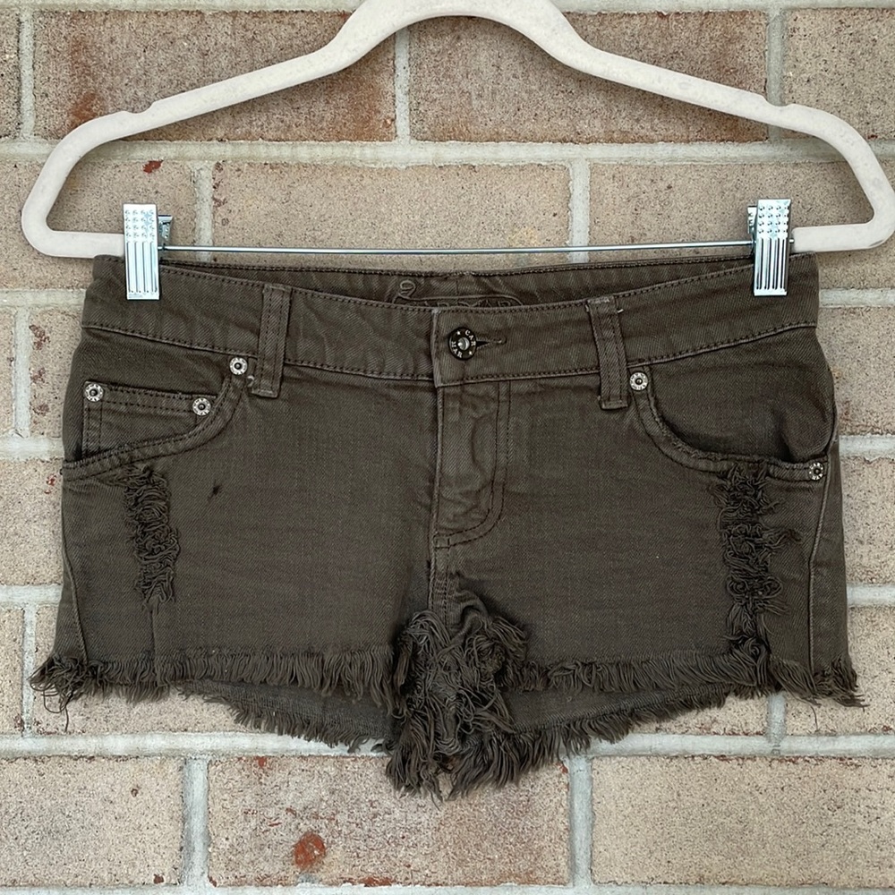 Carmar Olive Green Low-Rise Distressed Jean Shorts